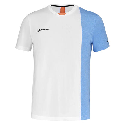 Men`s Play Crew Neck Tennis Top White and Blithe Blue Heather BABOLAT S