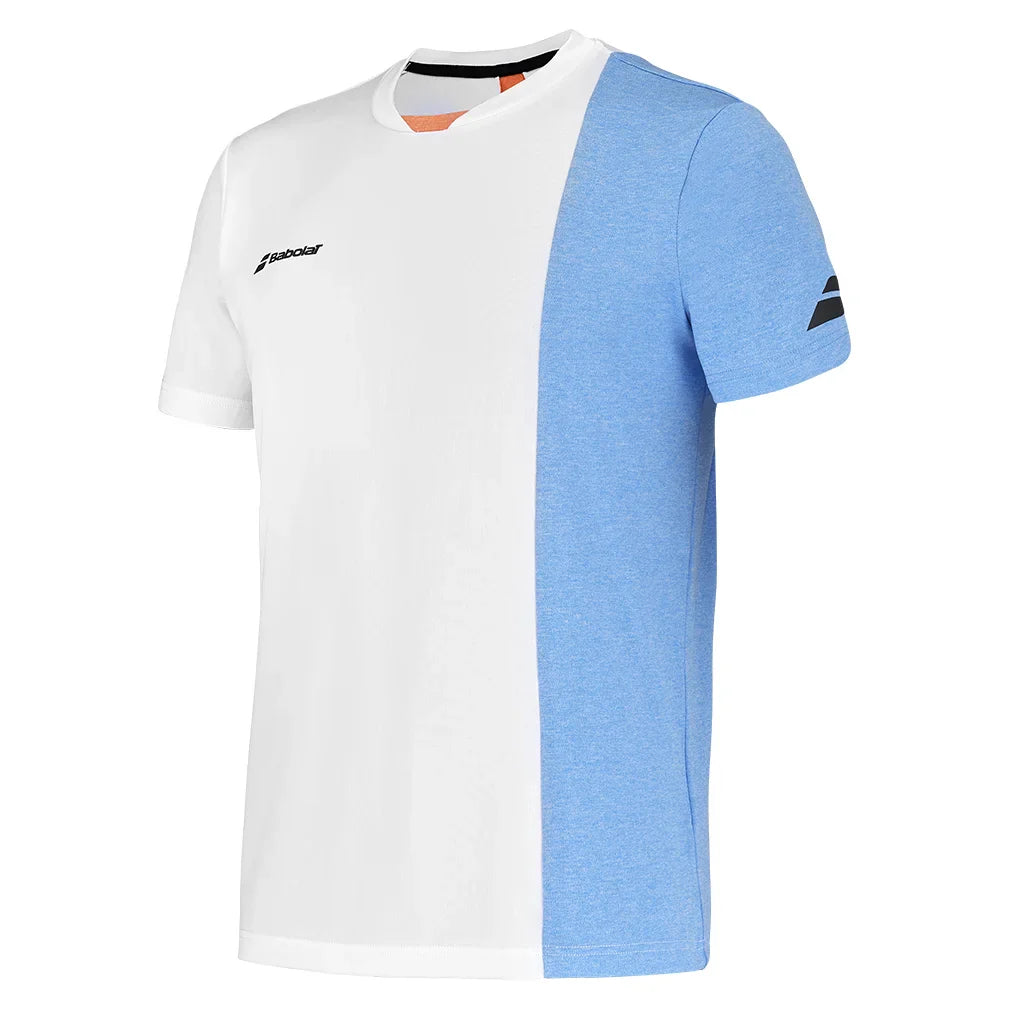 Men`s Play Crew Neck Tennis Top White and Blithe Blue Heather BABOLAT