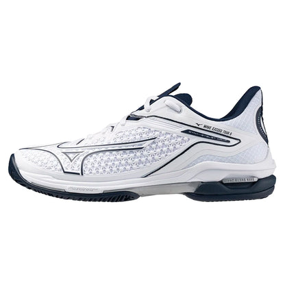 Mens Wave Exceed Tour 6 Clay Tennis Shoes White and Dress Blues Top Tennis Shoes MIZUNO