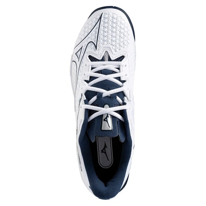 Mens Wave Exceed Tour 6 Clay Tennis Shoes White and Dress Blues Top Tennis Shoes MIZUNO