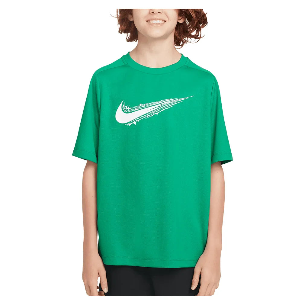 Boys` Dri-FIT Multi Short Sleeve Training Top Stadium Green and White NIKE XS